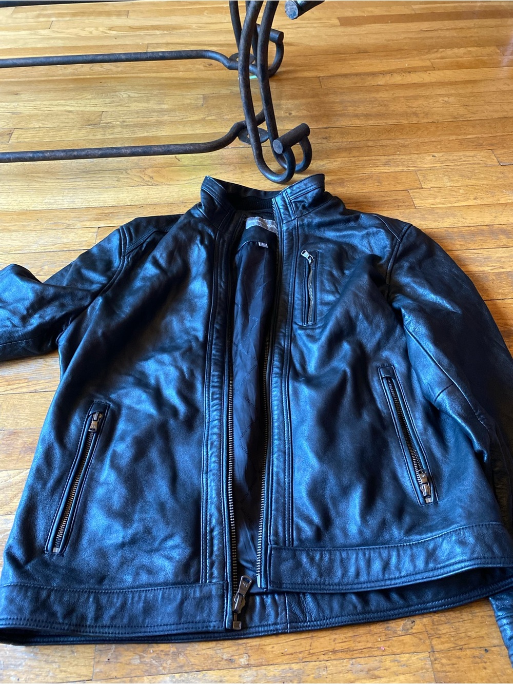 Michael Kors Black Leather Bomber Jacket with Zip Pockets